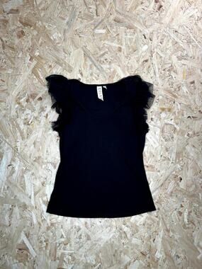 Dolan Left Coast Collection Womens Medium Black Ribbed Knit Tulle Ruffle Top